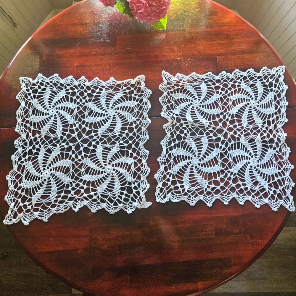Vintage Handmade Doilies - Era 1960's - Square - Spiral Patern - Set Of 2